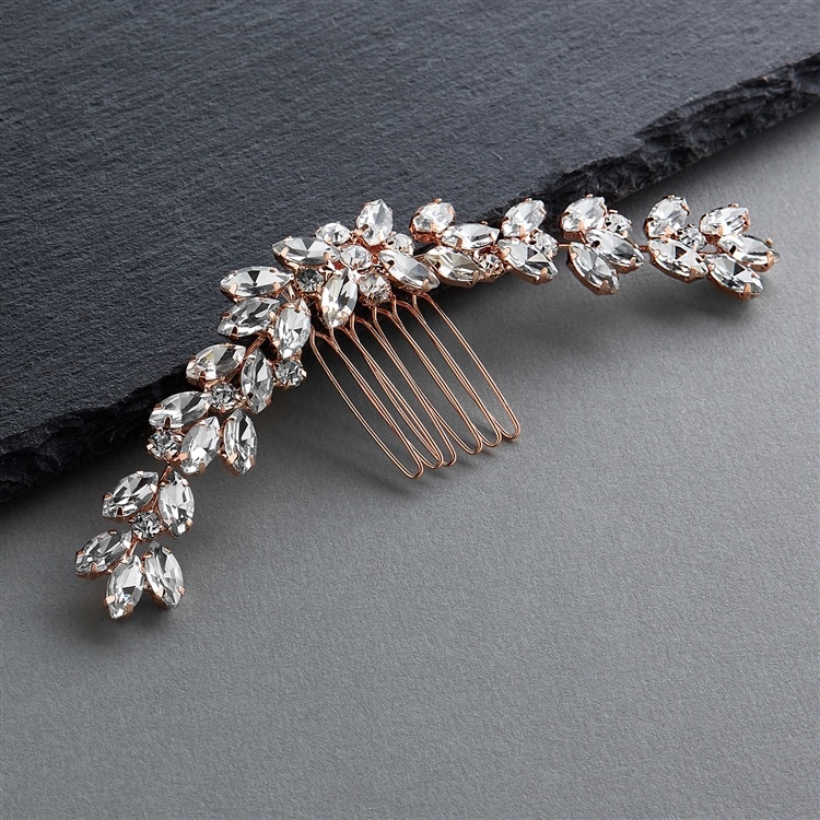 Rose Gold Wedding Or Prom Hair Comb With Curved Marquis Crystal Design