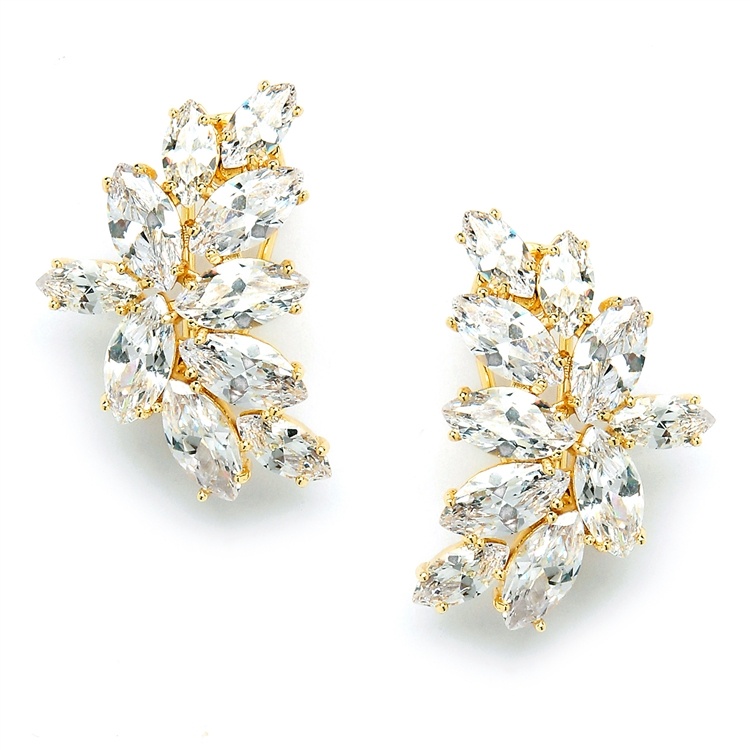 Shimmering Cubic Zirconia Marquis Cluster Gold Earrings