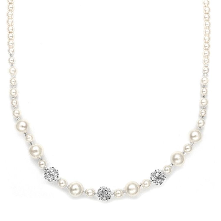 Dainty Wedding Necklace With Pearls & Rhinestone Fireballs - Ivory