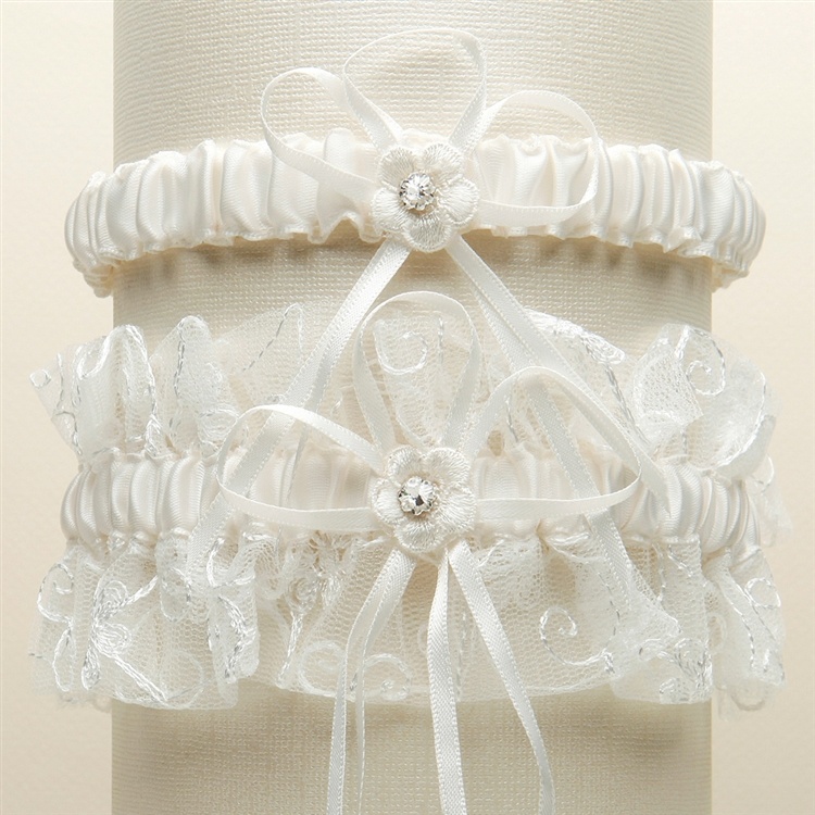 Vintage Wedding Garter Set With Floral Embroidered Tulle - Ivory