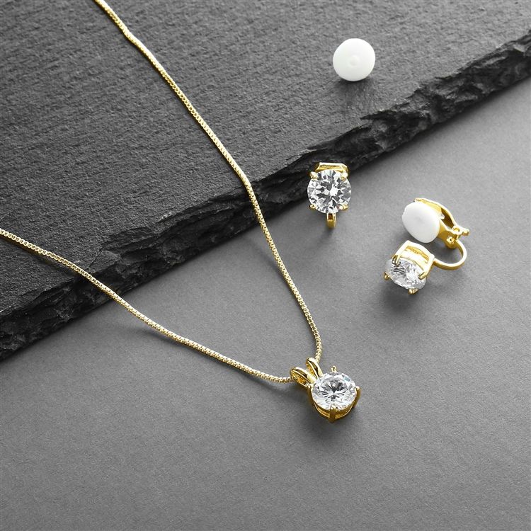 14K Gold Plated Cz Pendant Necklace And Clip-On Earrings Set