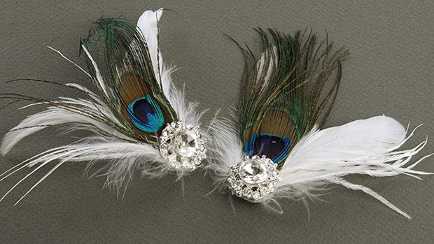 Super Value - Peacock Feather - White Marabou Shoe Clips With Crystal