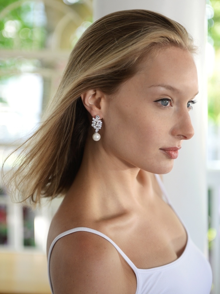 Mariell Bold Cz Cluster Wedding Bridal Earrings With Ivory Pearl Drops - Genuine Platinum Plated