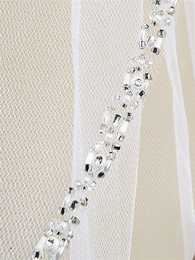 Rhinestone Edge Fingertip Wedding Veil With Pearls, Beads & Crystals - Ivory