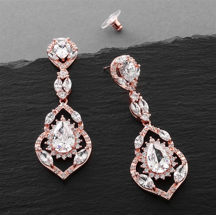 Rose Gold Cubic Zirconia Dangle Statement Earrings For Wedding Or Prom