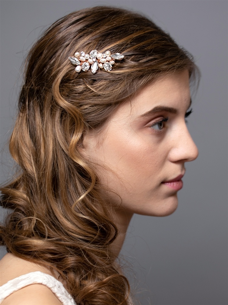Rose Gold Freshwater Pearl & Crystal Cluster Bridal, Prom Or Bridesmaids Comb