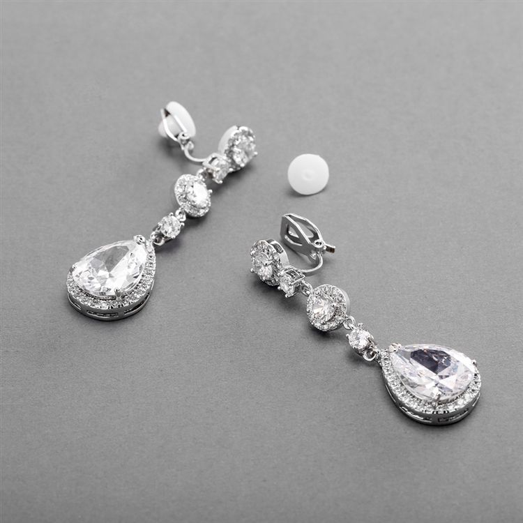 Clip-On Pear-Shaped Drop Bridal Earrings With Pave Cz