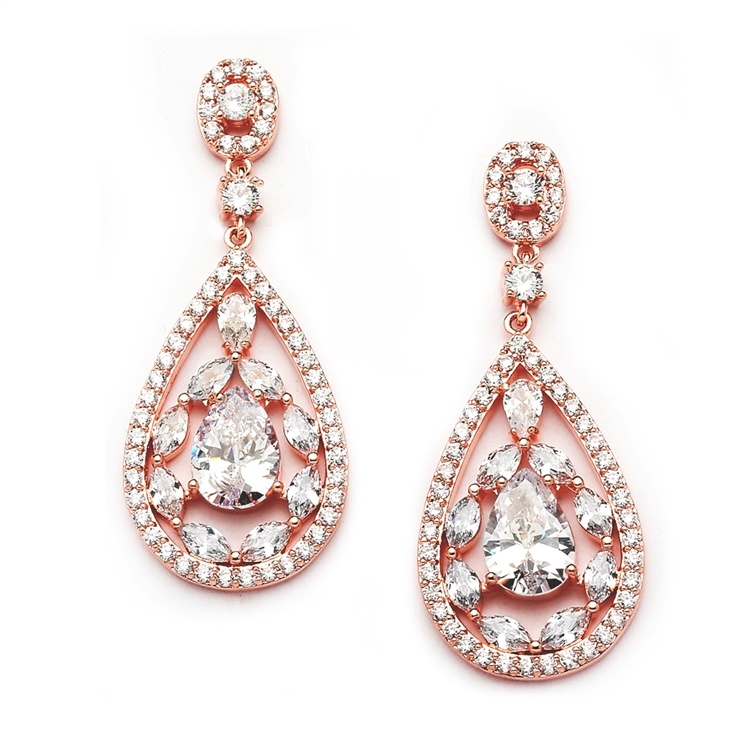 Gold Cubic Zirconia Mosaic Teardrop Bridal, Prom Or Wedding Earrings