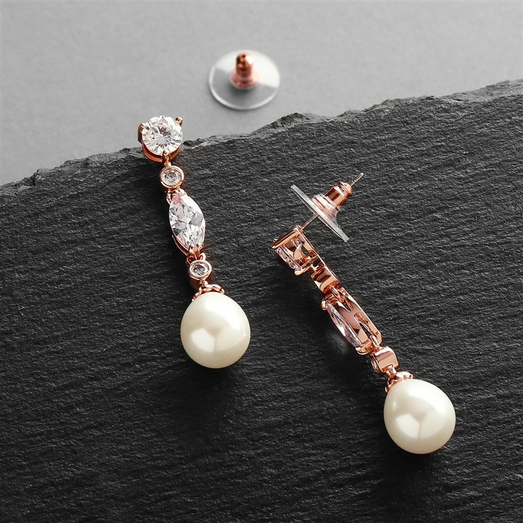 Linear Rose Gold Wedding Earrings With Cz And Ivory Pearl Drops