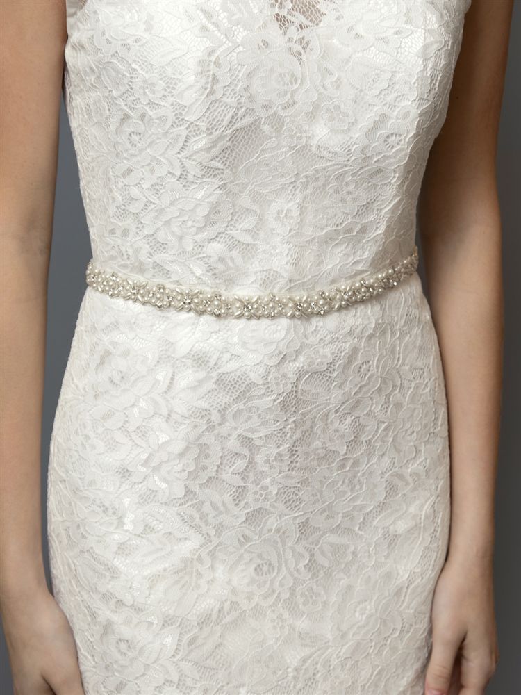 Ivory Pearl And Austrian Crystal Bridal Belt With Ribbon