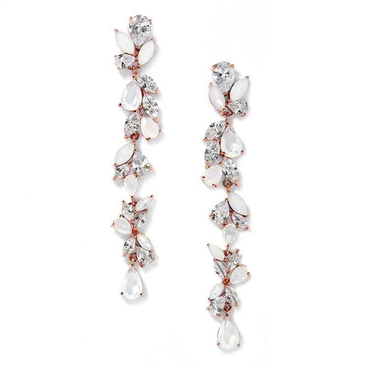 Cubic Zirconia And Opal Long Statement Rose Gold Wedding Dangle Earrings