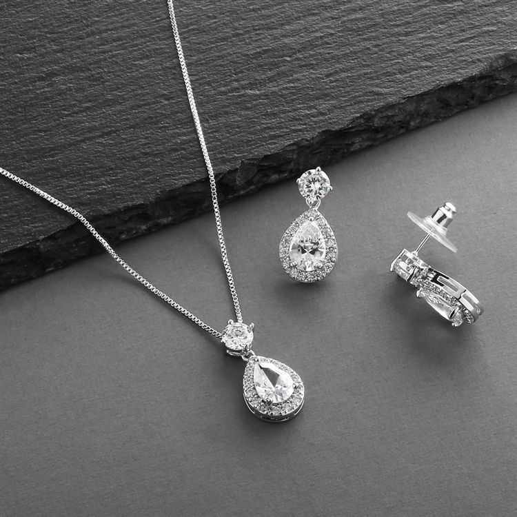 Brilliant Cz Halo Pear Shaped Necklace And Earrings Set