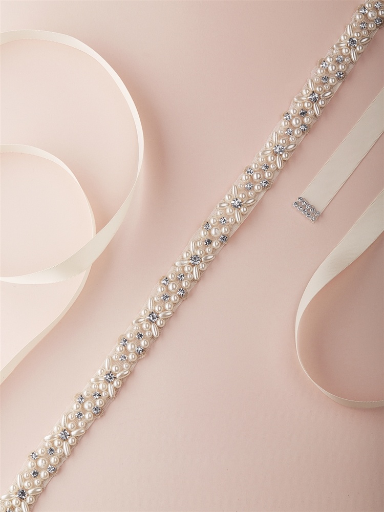 Ivory Pearl And Austrian Crystal Bridal Belt With Ribbon