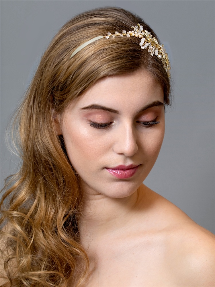 Opal Crystal Side Headband Bridal Hair Vine With Gold Leaves - Ivory Ribbons