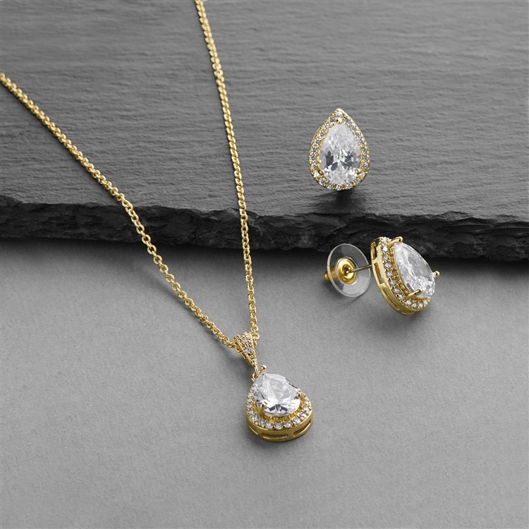 14K Gold Cz Pear-Shape Wedding Necklace & Earrings Jewelry Set