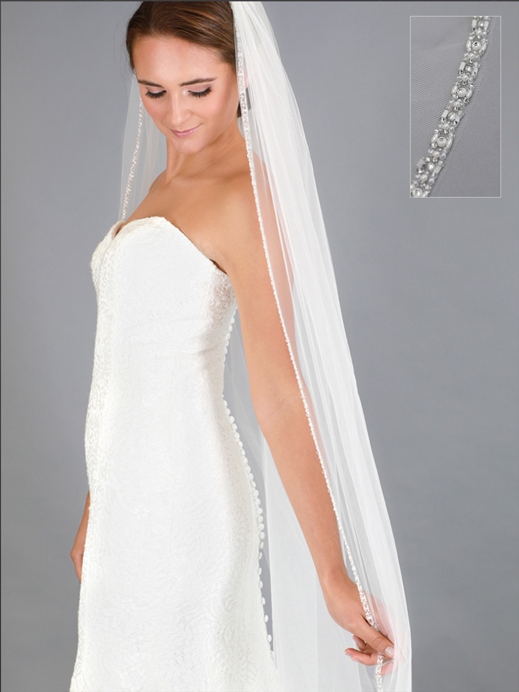 1-Tier 108" Ivory Cathedral Bridal Veil Edged With Crystal Rhinestone, Pearl & Bugle Bead Trim
