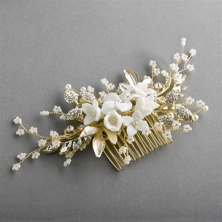 Light Gold Bridal Hair Comb With White Resin Flowers, Crystals & Pearl Sprays