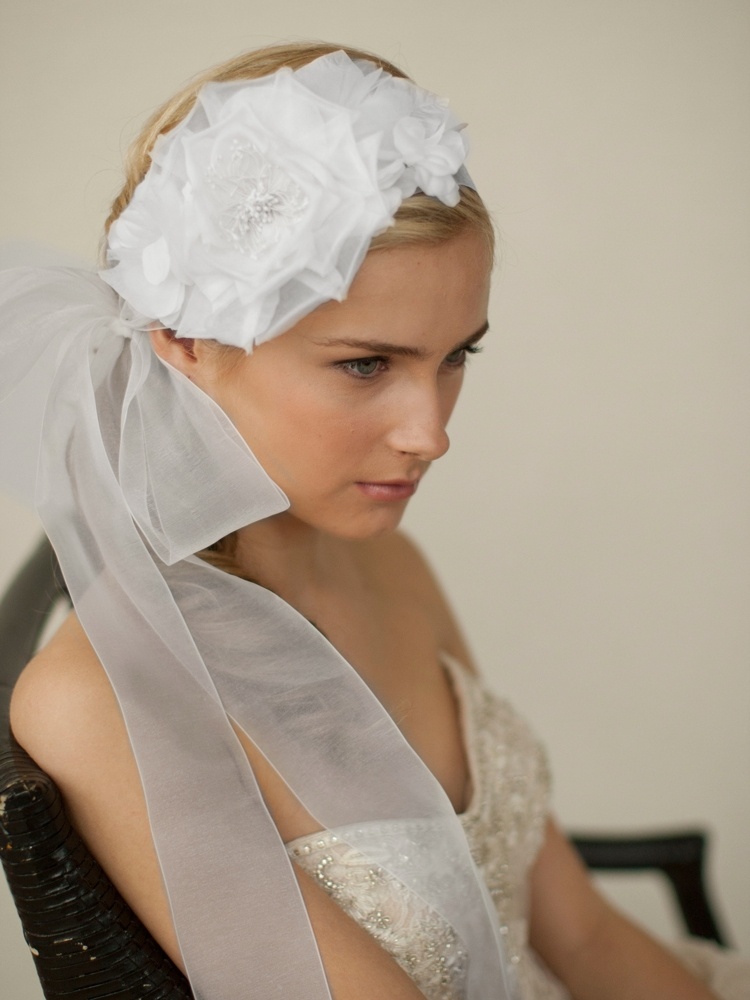 Handmade White Silk Flower Bridal Headband With Wide Sheer Ribbon