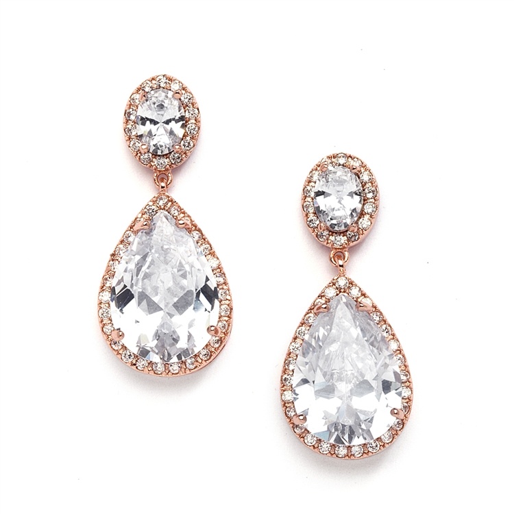 Cubic Zirconia Rose Gold Pear-Shaped Bridal Earrings - Pierced