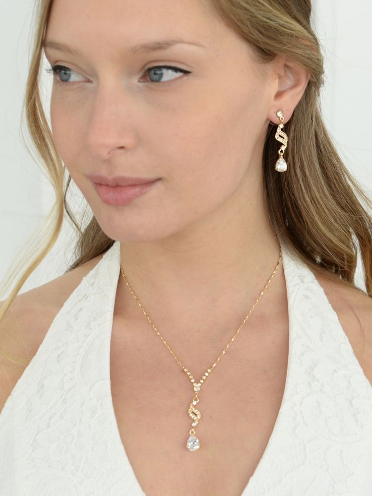 Dainty Gold Necklace & Earrings Set With Cz Teardrops