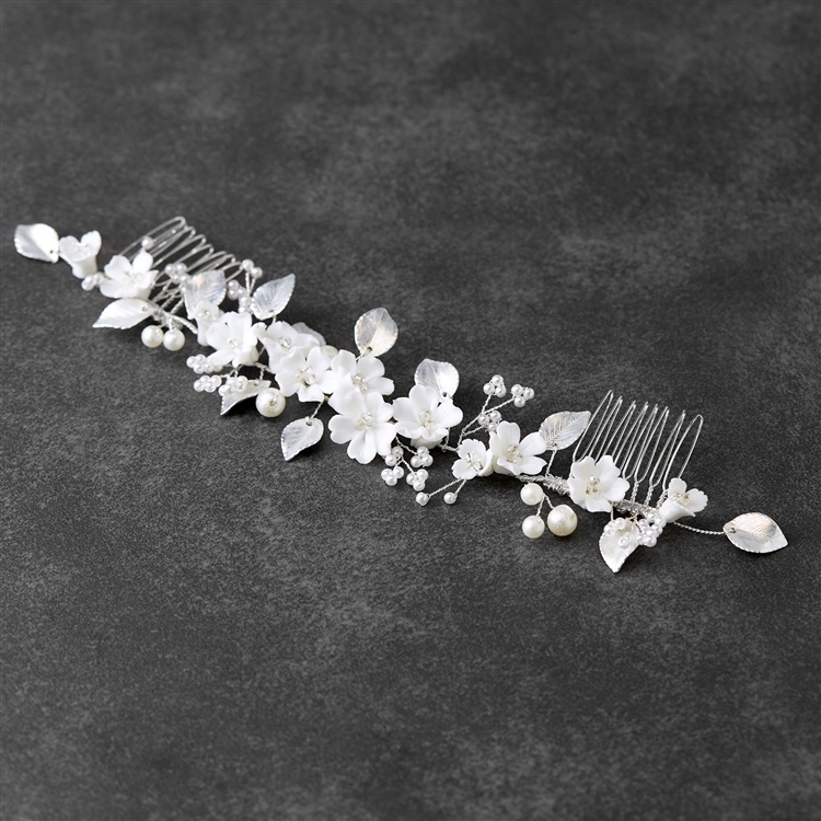 Handmade Bridal Hair Comb Vine - Light Ivory Resin Flowers & Matte Silver Leaves