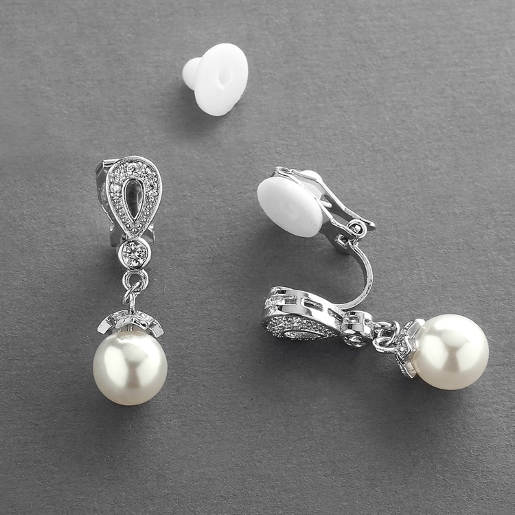 Silver Vintage Cz Pave Bridal Clip On Earrings With Pearl Drop