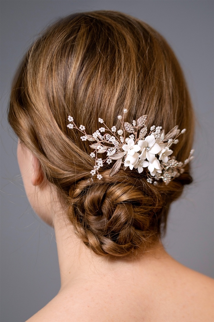 Light Rose Gold Bridal Hair Comb With White Resin Flowers, Crystals & Pearl Sprays