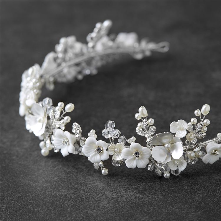 Silver Matte Floral Bridal Wedding Tiara Crown With Light Ivory Flowers & Freshwater Pearls