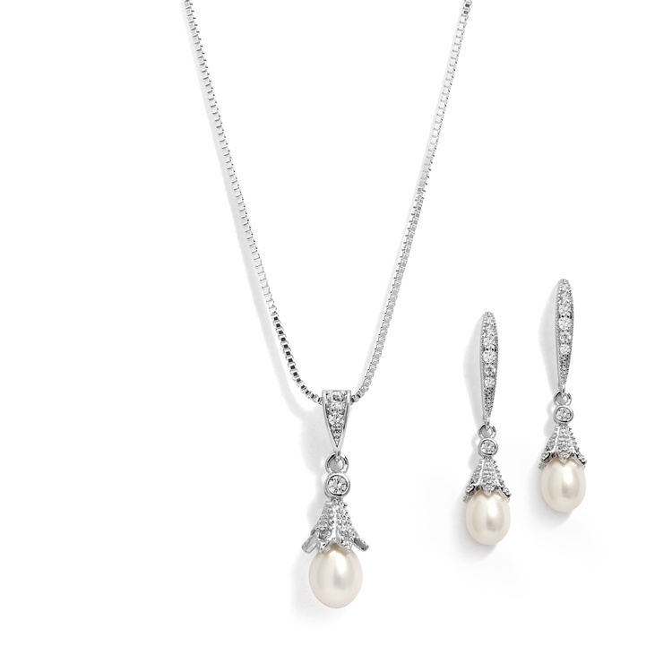 Silver Rhodium Plated Necklace & Earrings Jewelry Set With Freshwater Pearl