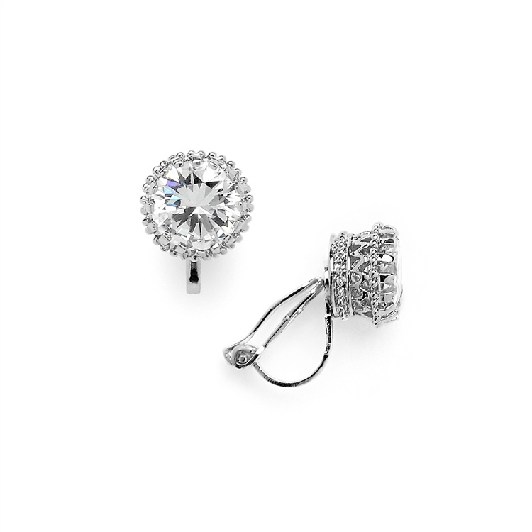 Crown Setting Clip-On 2.0 Ct Round Cubic Zirconia Platinum Plated Stud Earrings