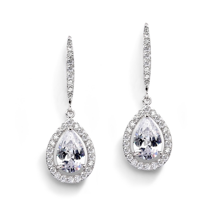 Magnificent Pear Shape Cz Bridal Or Pageant Earrings In Silver Platinum