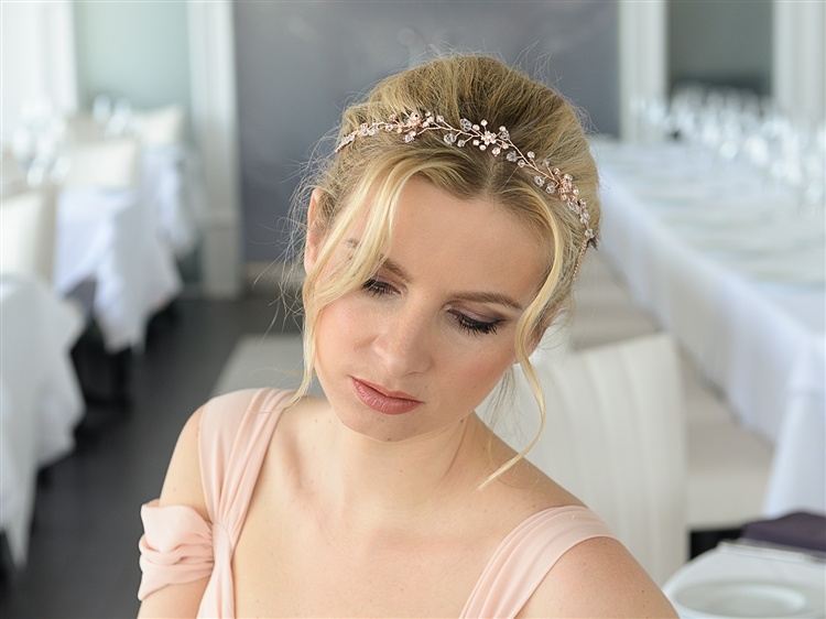 Glamorous Swarovski Crystal Bridal Rose Gold Tiara Vine With Double Combs