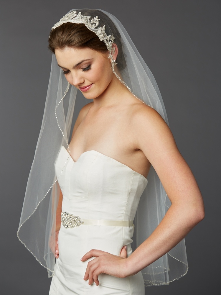 Regal 36" Fingertip Bridal Veil With Sparkling Beaded Edge And Unique Lace Applique Headpiece