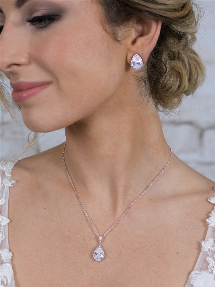 Silver Platinum Cz Pear-Shape Wedding Necklace & Earrings Jewelry Set