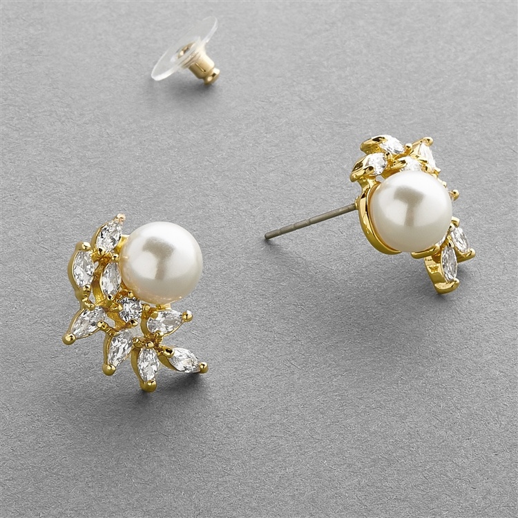 14K Gold Cubic Zirconia Crescent Bridal Earrings With Ivory Pearl
