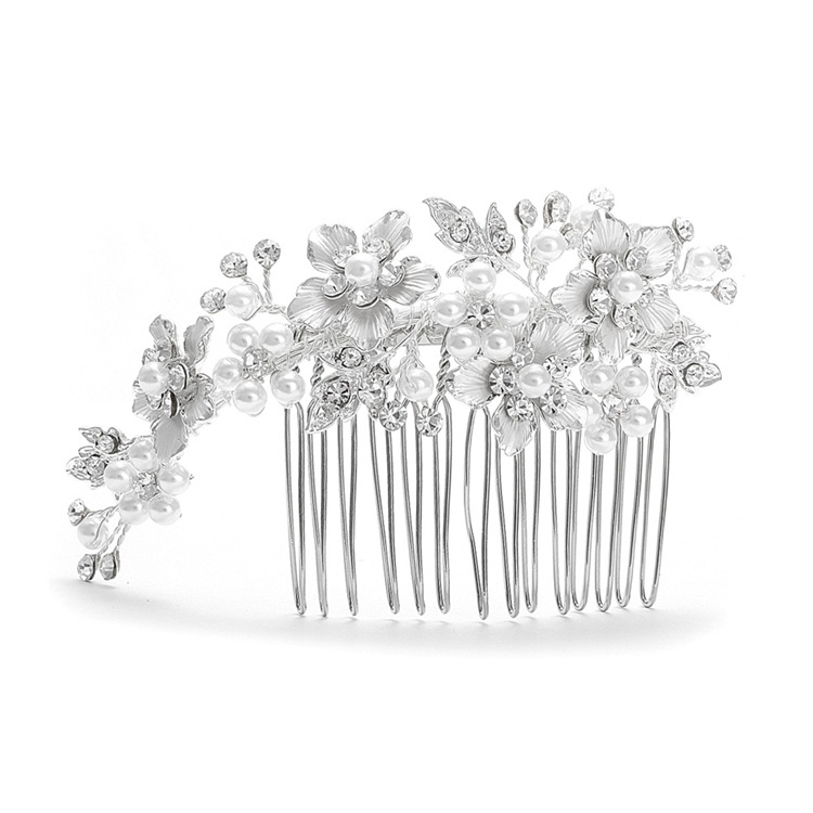 Brushed Silver And White Pearl Wedding Comb