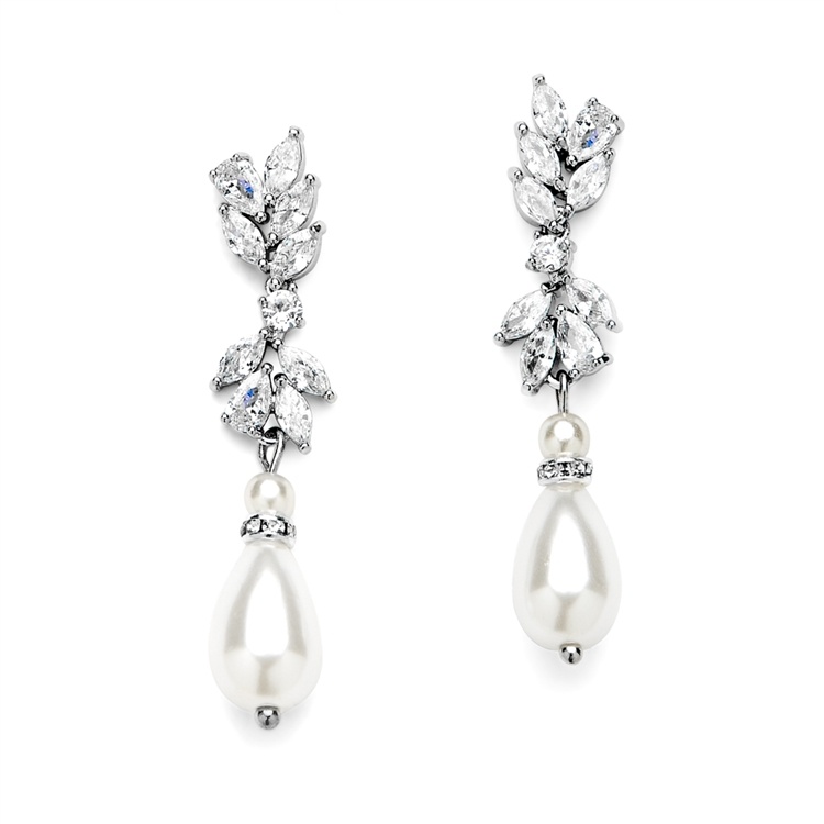 Cubic Zirconia And Teardrop Pearl Designer Bridal Earrings