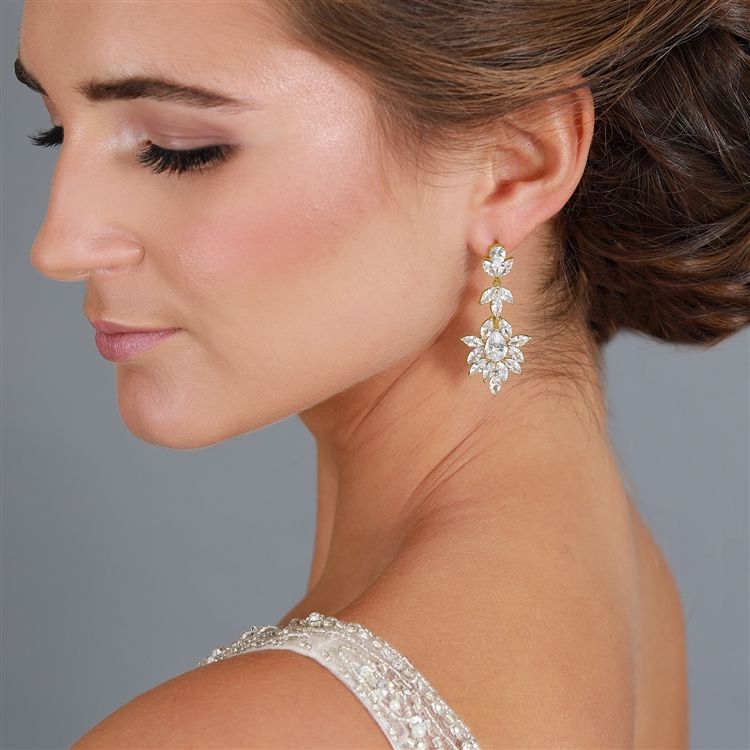 14K Gold Plated Dangle Wedding Earrings For Brides Or Bridesmaids With Marquis & Pear Cz