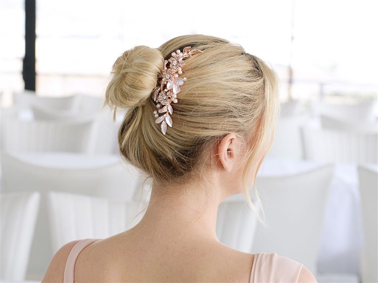 Designer Bridal Hair Comb With Hand Painted Rose Gold Leaves And Pave Crystals
