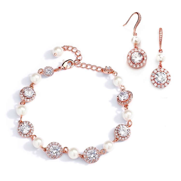 Ivory Pearl And Cubic Zirconia Bridal Bracelet And Earrings Set In Rose Gold