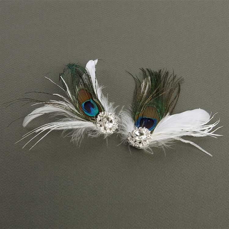 Gatsby Style Peacock Feather - White Marabou Shoe Clips With Crystal