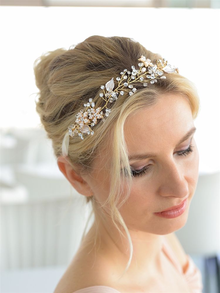 Boho Style Bridal Headband With Hand-Wrought Gold Wire And Silvery Painted Leaves