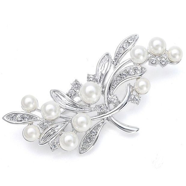Pearl Bridal Brooch With Cz Leaves