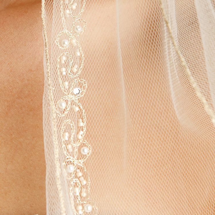 2-Row Ivory Fingertip Veil - Silver Pencil Edge, Pearls, Crystals, Beads & Delicate Chain