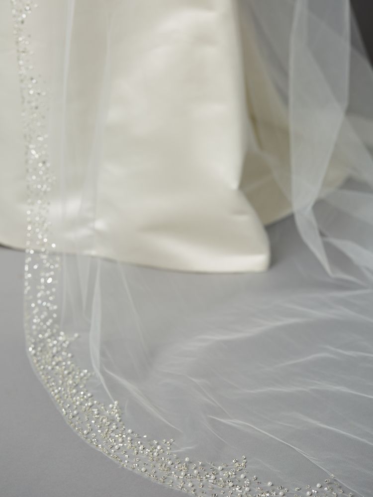 Breathtaking Ivory Cathedral Wedding Veil With Dramatic Crystal, Pearl And Beaded Edging