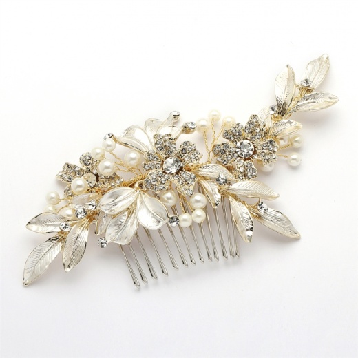 Designer Bridal Hair Comb with Hand Painted Gold Leaves and Pave Crystals