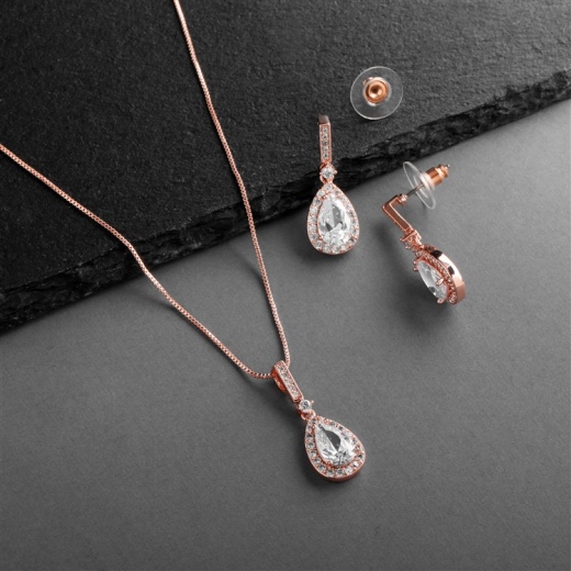 14K Rose Gold Plated Cz Pear-Shape Necklace & Earrings Set