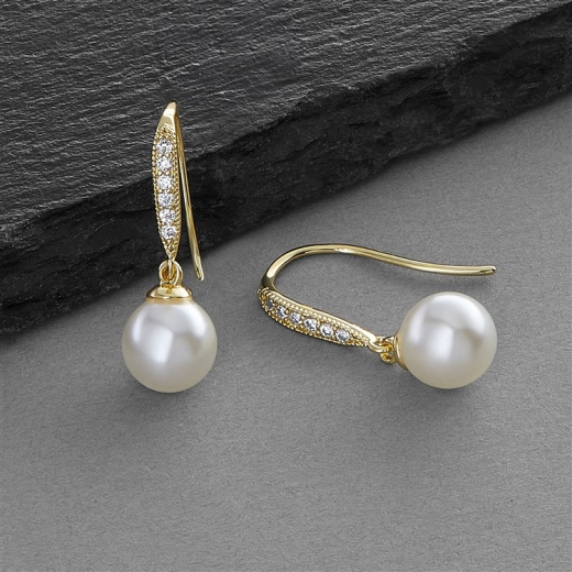 Vintage Micro Pave Cz French Wire Bridal Earrings With Ivory Pearl Drops