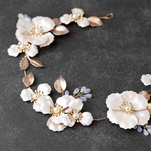 Matte Gold Bridal Hair Vine Couture Headpiece - Blush Enamel Metal Flowers & Opal Crystals