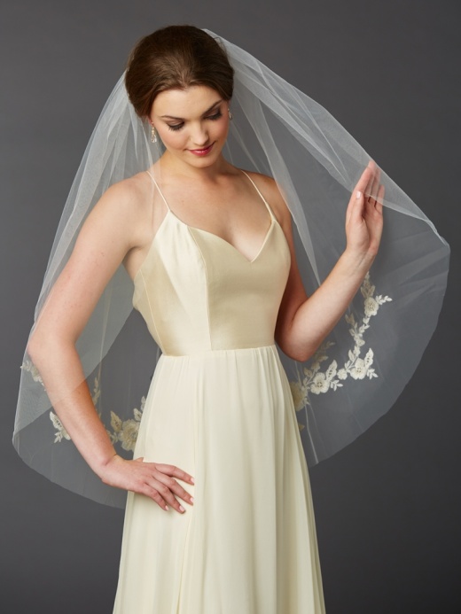 Gold And Silver Embroidered Floral Lace Fingertip Wedding Veil